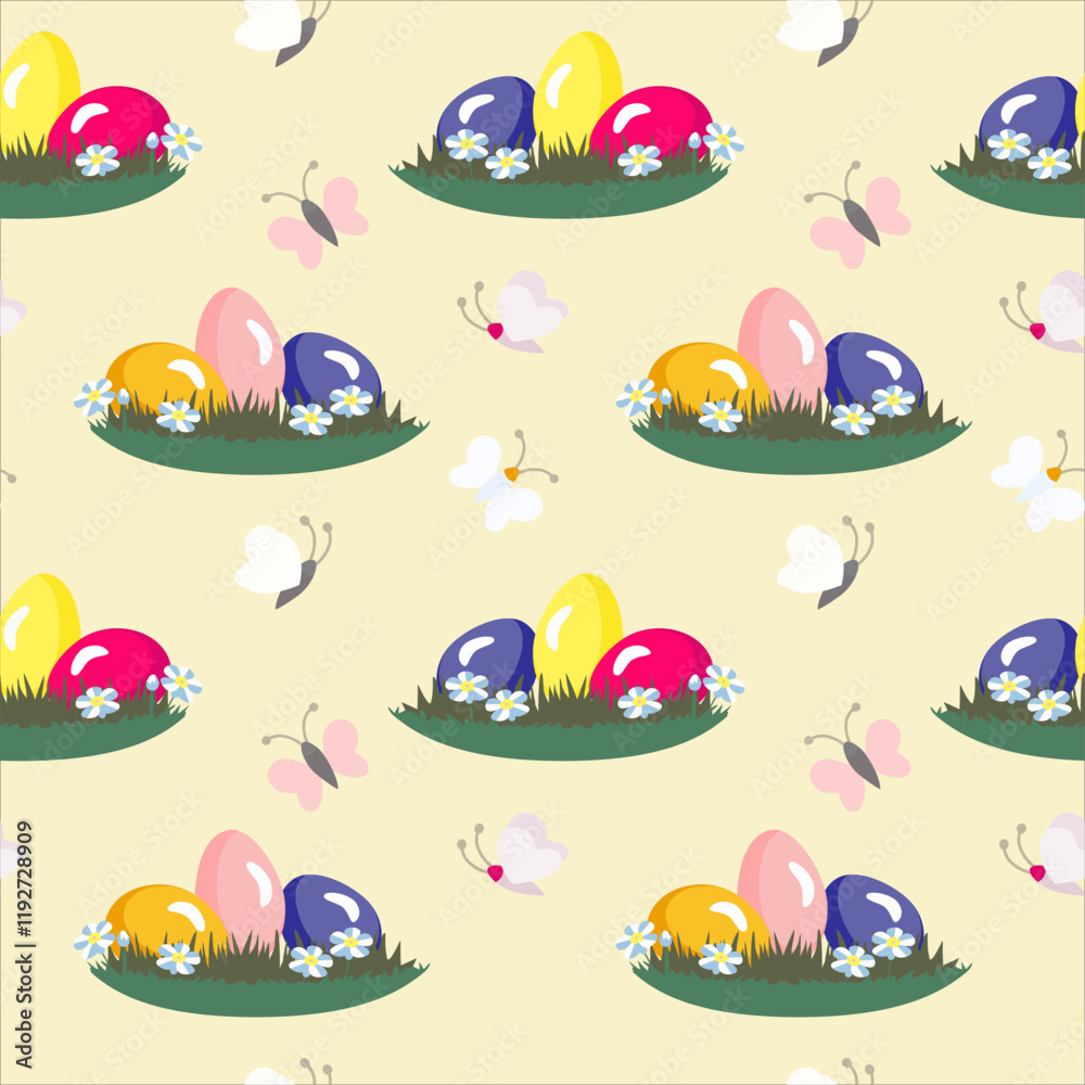Fototapeta premium Vector - Easter eggs with butterfly insect seamless pattern.