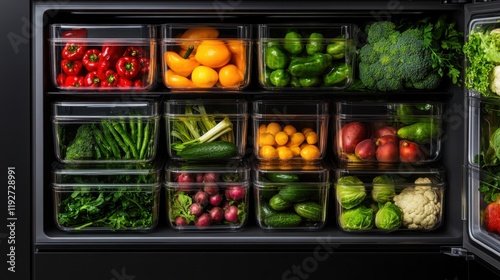 Fototapeta Naklejka Na Ścianę i Meble -  Organized refrigerator drawer with fresh vegetables and fruits in clear storage containers
