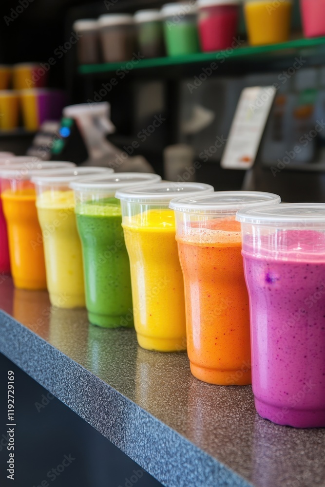 Color Therapy Month Vibrant rainbow smoothies in plastic cups on cafe counter Color Therapy Month Vibrant rainbow smoothies in plastic cups on cafe counter