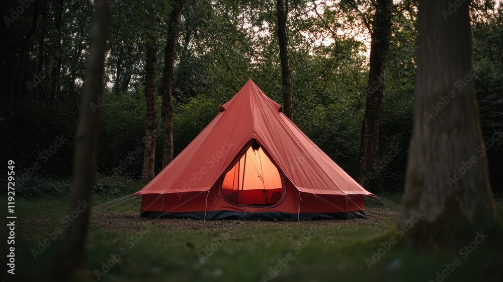 Red tent in serene forest setting at sunset National Hiking Day Red tent in serene forest setting at sunset National Hiking Day
