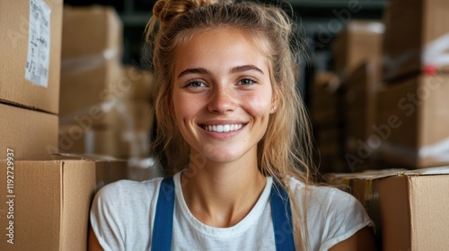 Caucasian young female smiling in warehouse surrounded by cardboard boxes photo