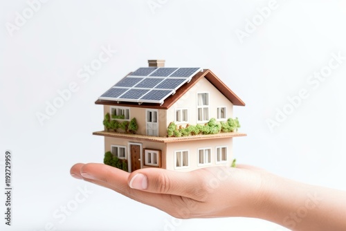 Miniature house with solar panels is held in open hand promoting renewable energy and sustainable living