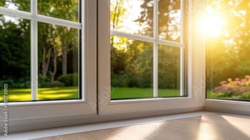 Sunlit garden view through open window with warm light photo