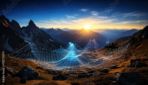 A serene mountain landscape with a glowing grid overlay, symbolizing quantum fluctuations, merging nature with abstract science in a peaceful yet intriguing scene.
