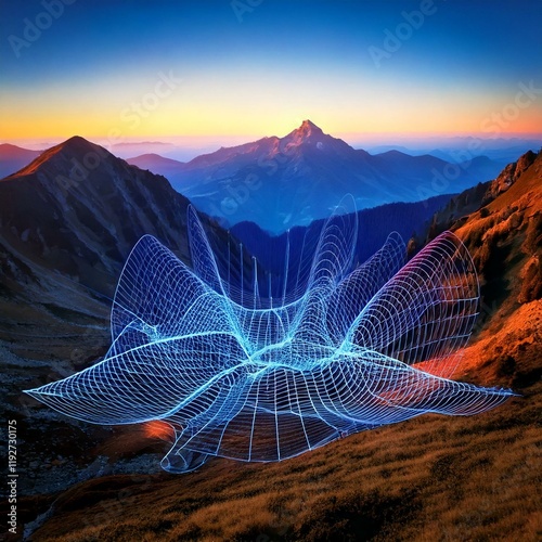 A serene mountain landscape with a glowing grid overlay, symbolizing quantum fluctuations, merging nature with abstract science in a peaceful yet intriguing scene.