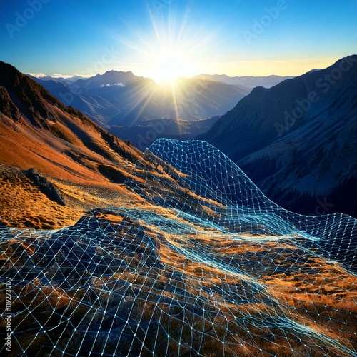 A serene mountain landscape with a glowing grid overlay, symbolizing quantum fluctuations, merging nature with abstract science in a peaceful yet intriguing scene.
