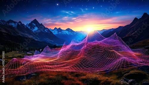 A serene mountain landscape with a glowing grid overlay, symbolizing quantum fluctuations, merging nature with abstract science in a peaceful yet intriguing scene.