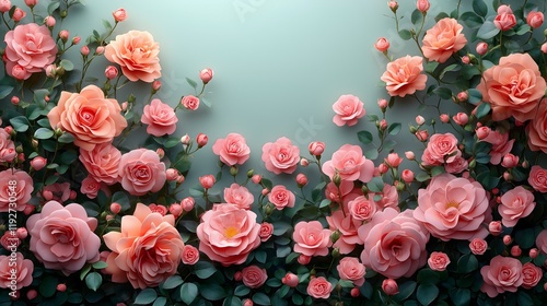 Wallpaper Mural Top view of arrangement of pink roses on green background with space Torontodigital.ca