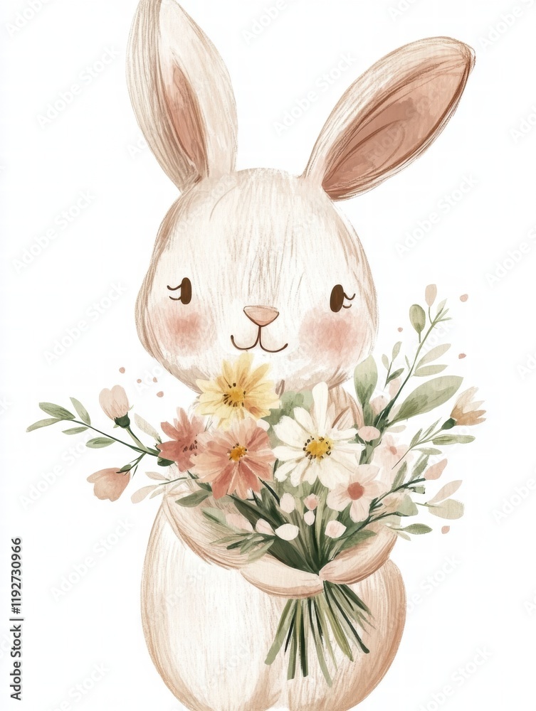Obraz premium Cute illustration of a rabbit holding a bouquet of flowers in a soft pastel style suitable for childrens decor. Generative AI