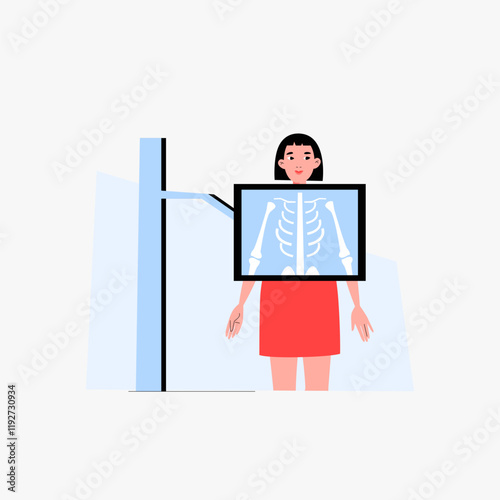 Female patient undergoing chest x ray in flat vector illustration symbolizing medical imaging, health diagnosis, and radiology examination, isolated on white background.