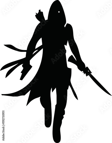 Japanese Ninja Holding Katana Silhouette Action Pose Vector. Combat silhouette. Warrior Weapon silhouette. Ninja silhouette isolated on white background. Ninja fighter shadow Ninja mascot.
