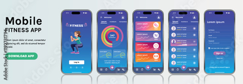 A sleek fitness app interface template featuring responsive design elements, including dashboards, charts, and statistics. Perfect for tracking health, weekly progress, and sports activities