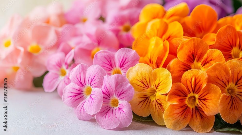 Obraz premium Vibrant primrose flowers in close-up, petals glowing with saturated colors under natural sunlight, macro shot emphasizing texture and botanical beauty