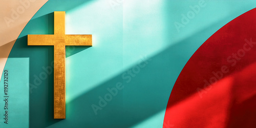 Evangelical contemporary Christianity background. Cross, gold pink red waves, geometric, copy space for church notices, youth ministry, club, website, Easter evangelism
