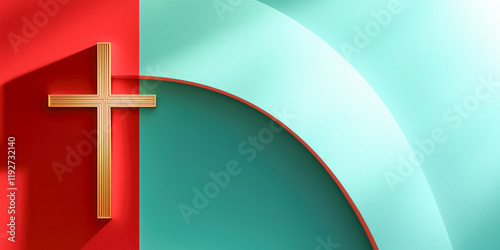 Evangelical Christianity background Easter. Cross, gold cyan red waves, geometric, copy space for church notices, youth ministry, club, website, Bible verse photo