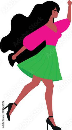 Latina woman, with arms up illustration, Latina, with green skirt, and pink blouse