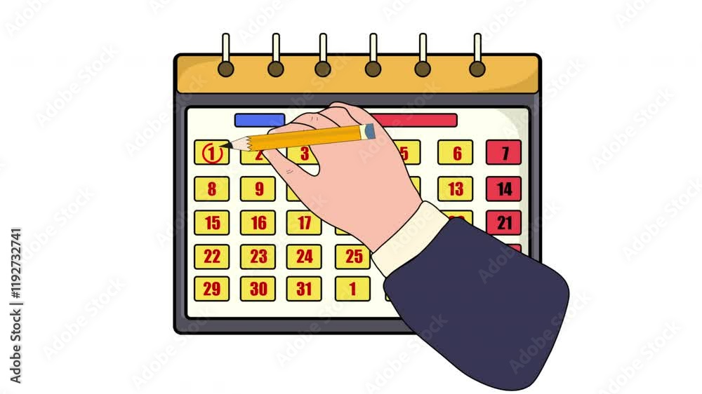 Hand Marking The 1st Of The Month On A Calendar 2D Cartoon Animation ...
