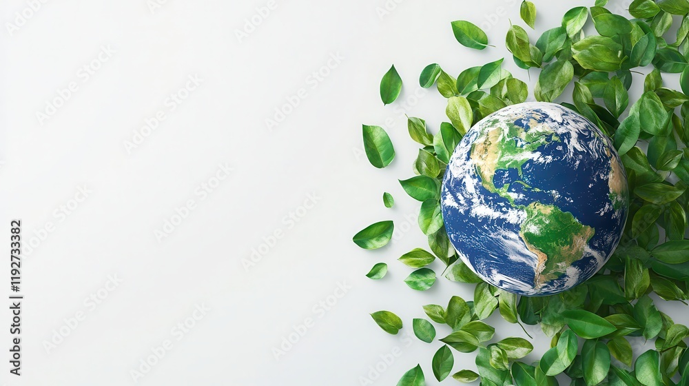 3D Earth Floating Above Green Leaves on White Background 3D Earth Floating Above Green Leaves on White Background