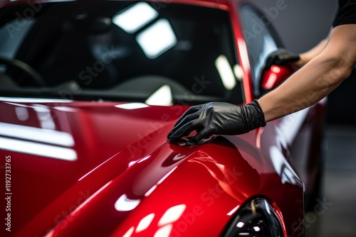Car detailer applying ceramic coating to protect paint of a new red sports car