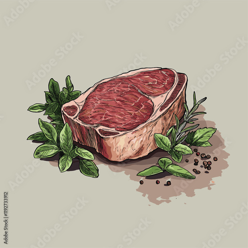 Raw steak with bone, fresh herbs, and peppercorns on dark background.