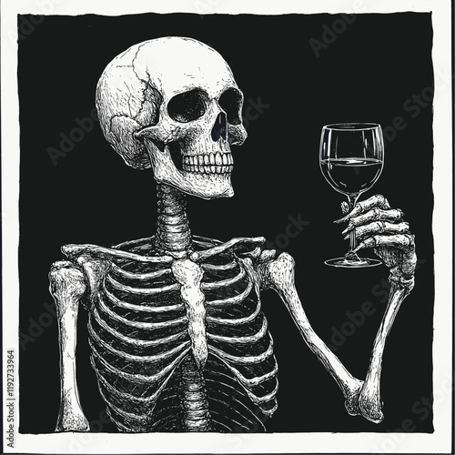Skeleton holding a wine glass in a dark, detailed illustration.