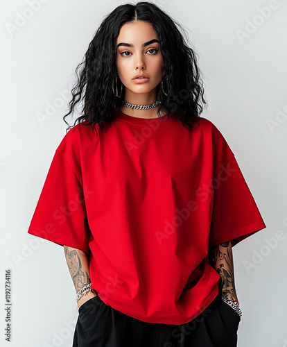 Stylish mockup of a plain red oversized t-shirt on a young woman, ideal for branding and design
