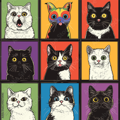 Nine colorful cat portraits in a pop-art style.