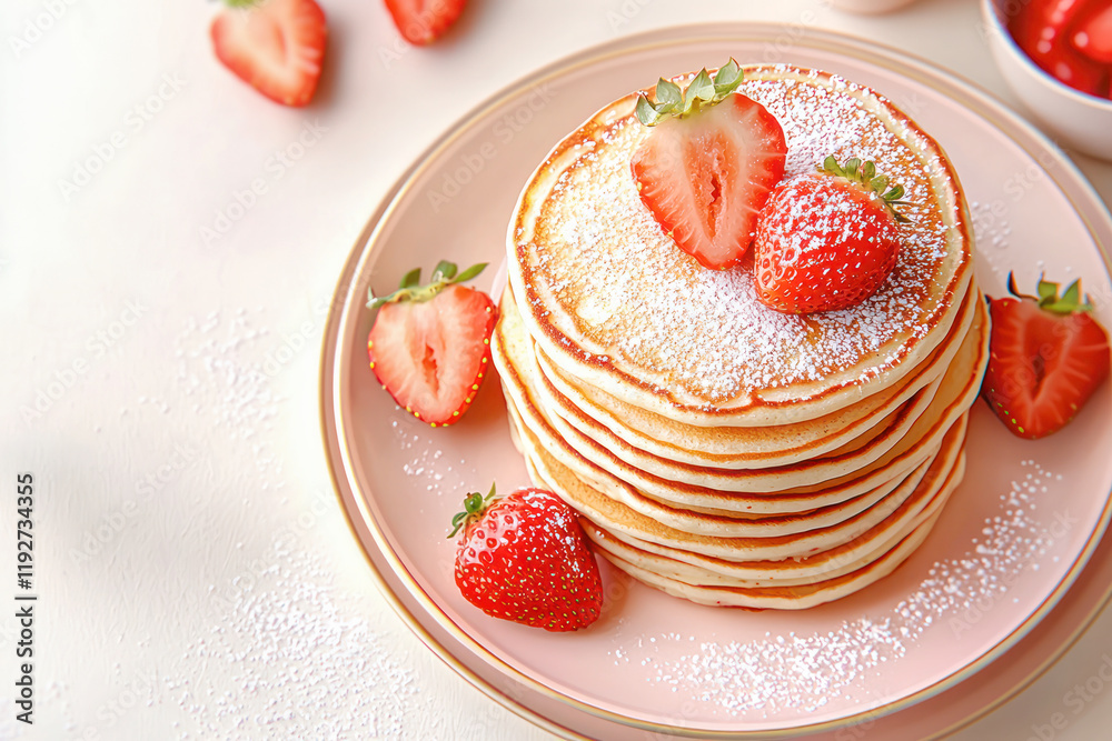 Stack of fluffy pancakes topped with fresh strawberries and powdered sugar on a pastel plate. Stack of fluffy pancakes topped with fresh strawberries and powdered sugar on a pastel plate.