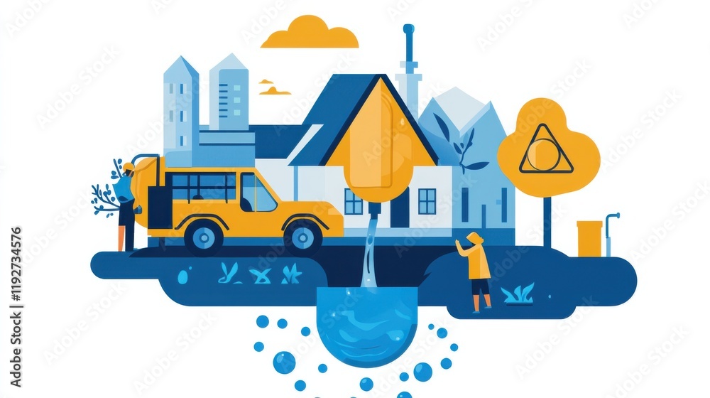 Urban Sustainability Concept Illustrating Water Management, Eco-Friendly Garbage Collection, Residential Areas, Green Trees, and Community Engagement for Environmental Awareness