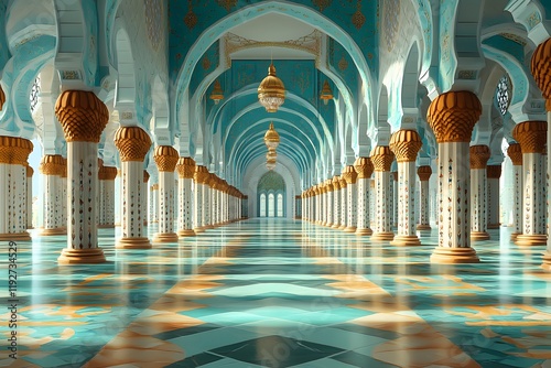 Explore Elegant Mosque Architecture: Columns, Arches, and Teal Hues photo