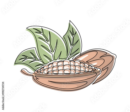 Brown cacao beans branch with green leaves line isolated on white background. Simple silhouette of vegetable. Hand drawn cacao beans branch outline. Vector illustration