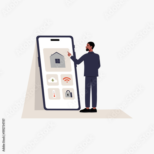 Man controlling smart home app on large smartphone in flat vector illustration symbolizing home security, mobile technology, and convenience, isolated on white background.