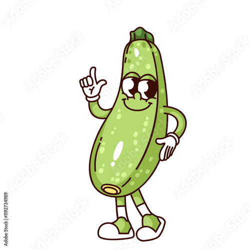 Groovy zucchini cartoon character walking with happy face. Funny retro squash with finger up. Vegetarian food ingredient mascot, cartoon cute zucchini sticker of 70s 80s style vector illustration