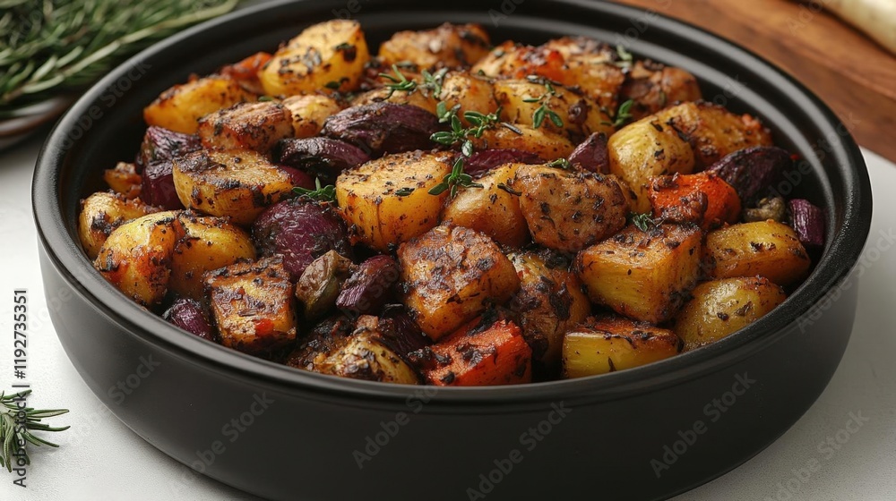 Aromatic Roasted Potatoes with Olives and Herbs in a Rustic Bowl Aromatic Roasted Potatoes with Olives and Herbs in a Rustic Bowl
