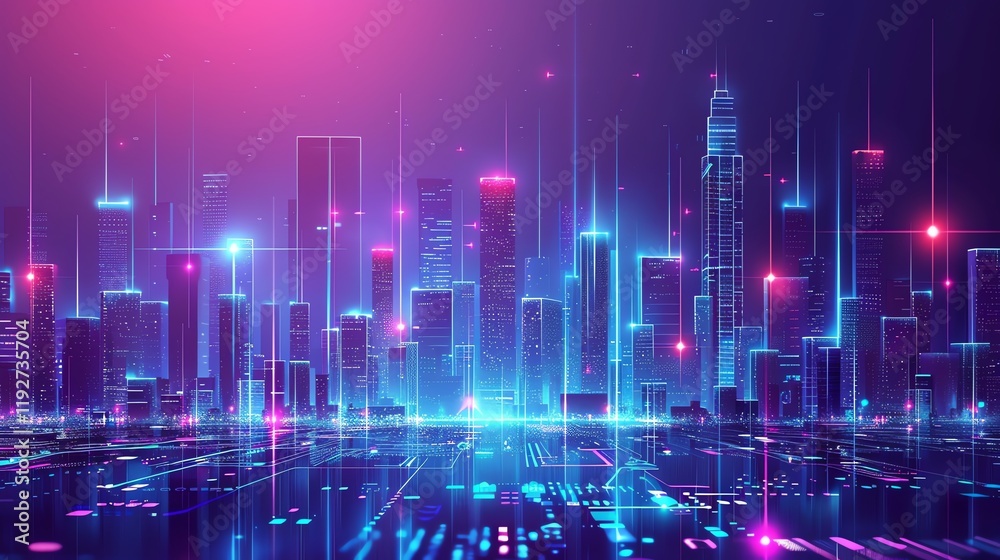Obraz premium A digital rendering of a futuristic cityscape lit up with neon lights and lines.