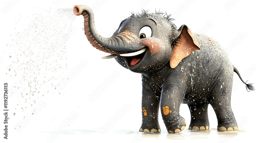 Fototapeta premium A cartoon elephant is standing in a pool of water, spraying water with its trunk. generated using AI