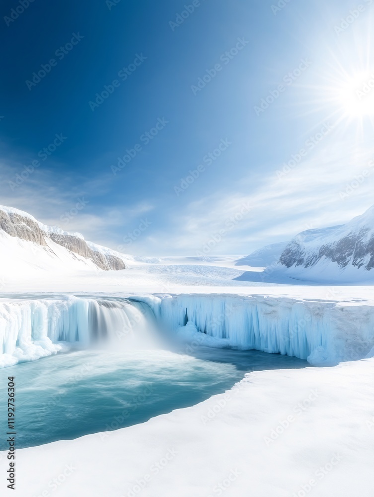 Fototapeta premium Stunning glacial waterfall brilliantly illuminated by bright sunlight winter landscape. AI Generated
