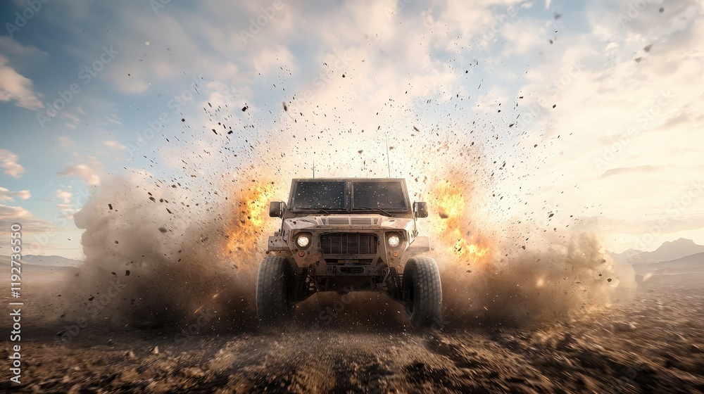 Off-Road Vehicle Kicking Up Dust in Desert Adventure Off-Road Vehicle Kicking Up Dust in Desert Adventure
