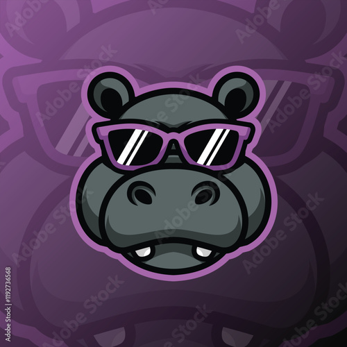 A mascot of a hippo head wearing cute purple glasses