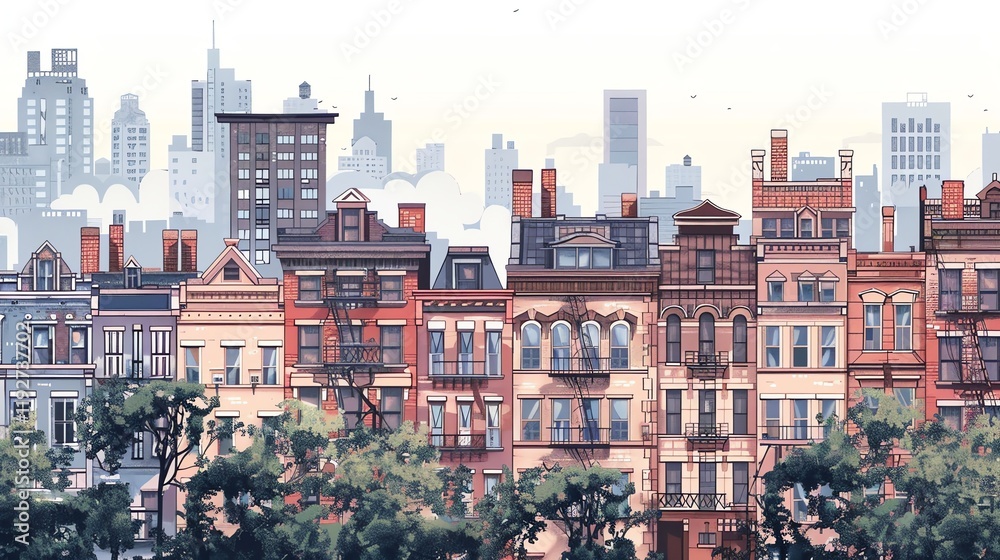 A cartoon illustration of a city skyline with a row of houses in the foreground. A cartoon illustration of a city skyline with a row of houses in the foreground.