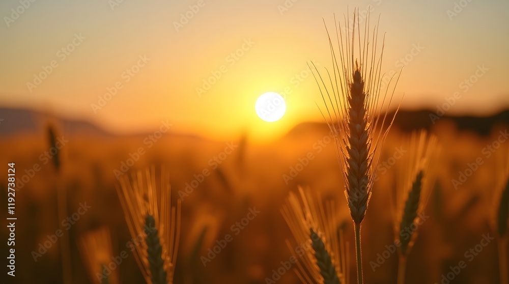 Close-up view of wheat spikelets on a field at sunset, bathed in golden rays, showcasing natural beauty and agricultural serenity. Close-up view of wheat spikelets on a field at sunset, bathed in golden rays, showcasing natural beauty and agricultural serenity.