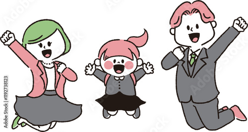 入学式でジャンプする家族（女の子バージョン）