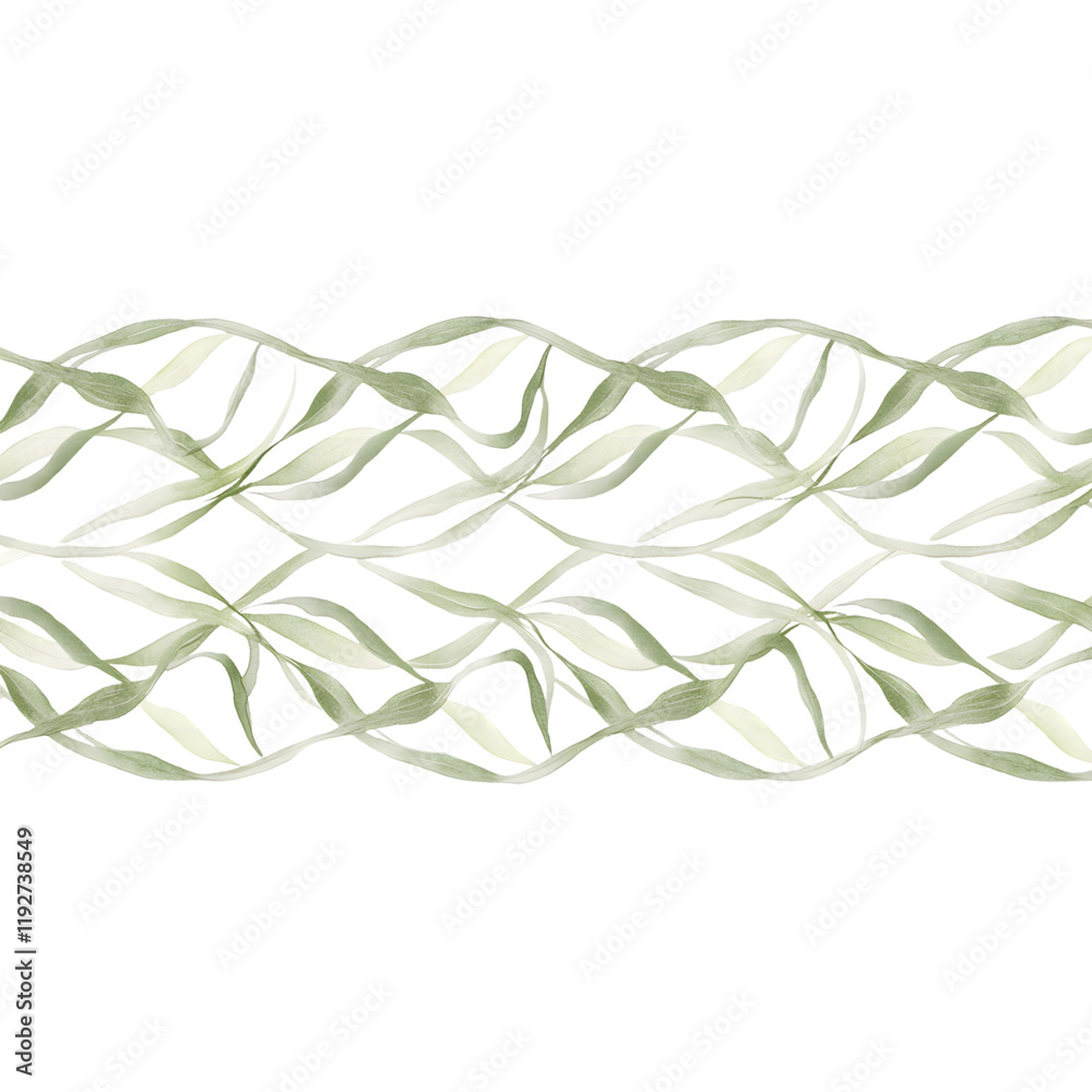 Obraz premium A decorative pattern of wavy lines made from willow leaves, featuring a graceful and continuous flow, isolated on a transparent background, suitable for adding a natural touch to various designs.