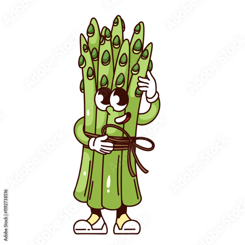 Groovy asparagus bunch cartoon character with happy face. Funny retro young shoots tied with rope. Food mascot, cartoon asparagus with cute pose and smile sticker of 70s 80s style vector illustration