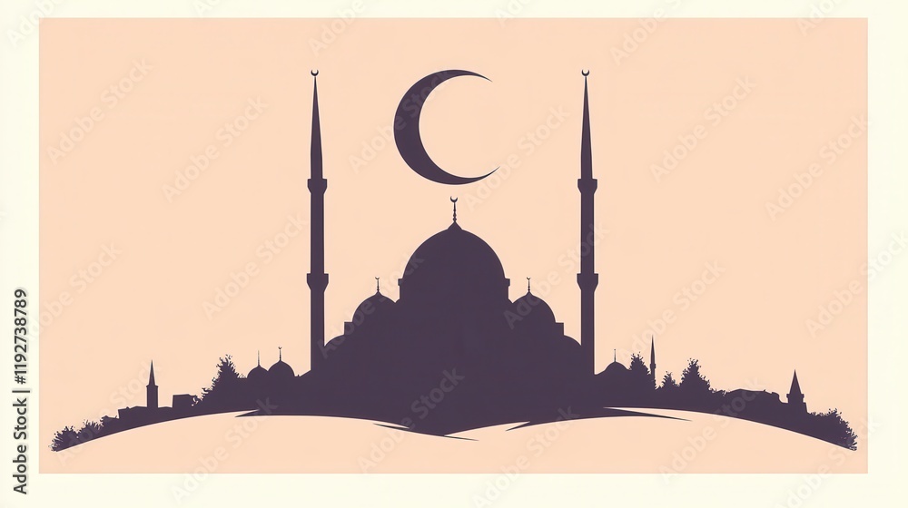 Fototapeta premium Minimalistic Mosque Silhouette Design Featuring Crescent Moon on Soft Pastel Gradient Background for Peaceful and Serene Atmosphere