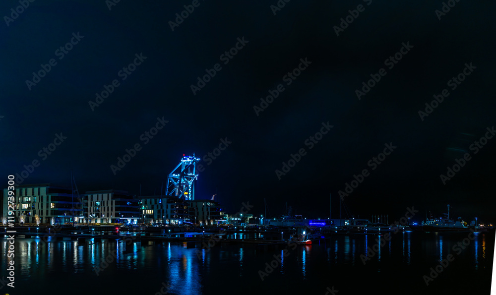 Fototapeta premium Port quay in Gdynia at night, city at night, Christmas decorations, city decoration for the holidays