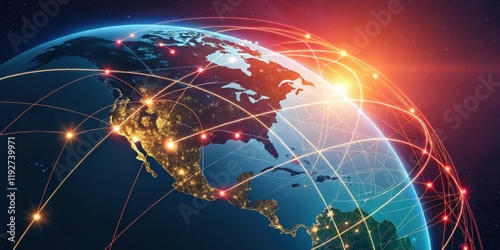 A vibrant depiction of Earth showcasing global connectivity through illuminated networks and lines representing data flow and communication.