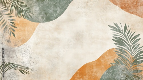 Abstract Tropical Leaves Beige Orange Green Background