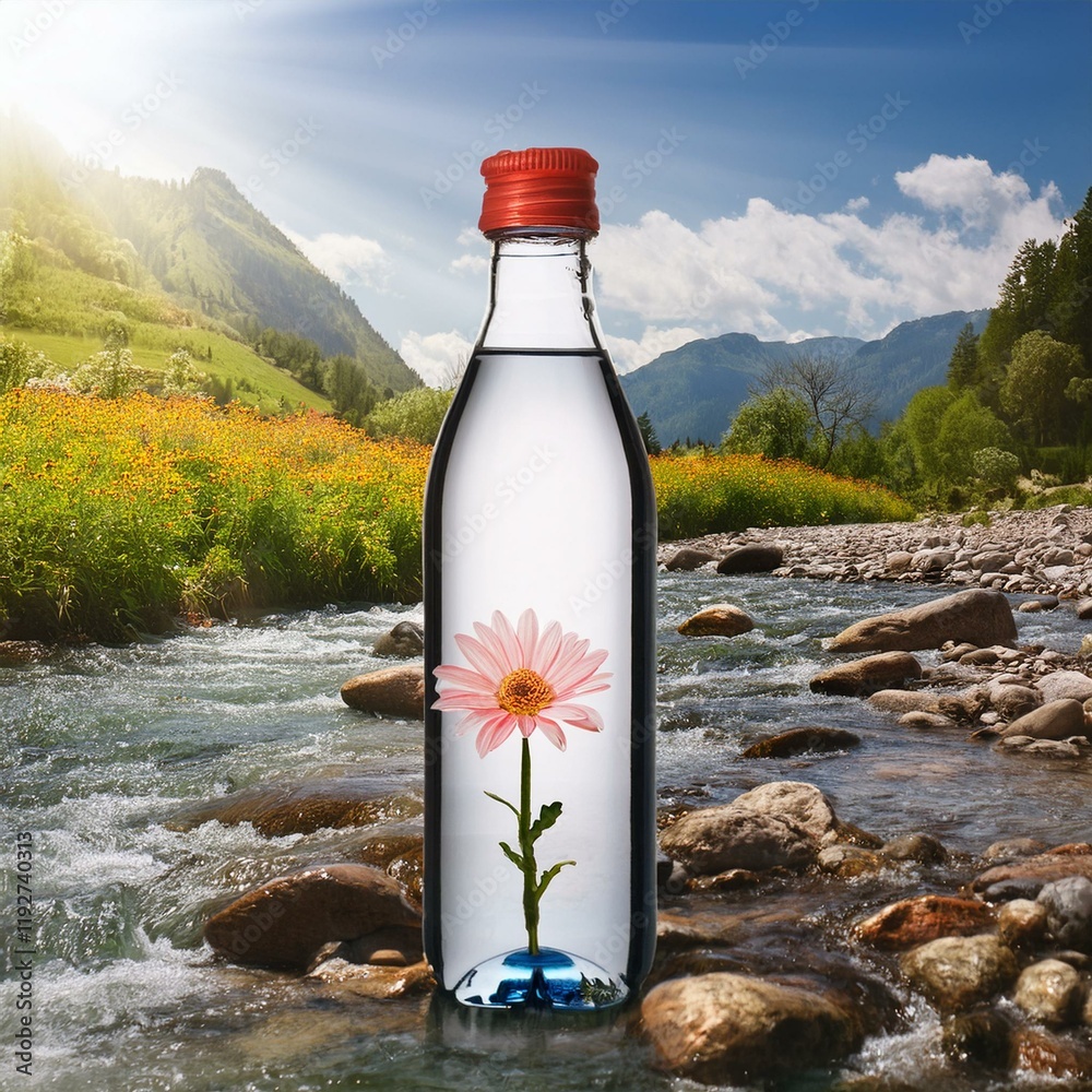 Generated image A glass bottle with water and flower in a picturesque nature landscape, clear brook Generated image A glass bottle with water and flower in a picturesque nature landscape, clear brook