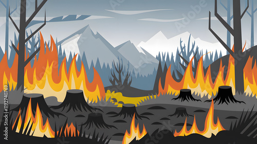 A vibrant illustration depicting a forest and trees engulfed in flames during a wildfire, highlighting the destructive power of nature. 